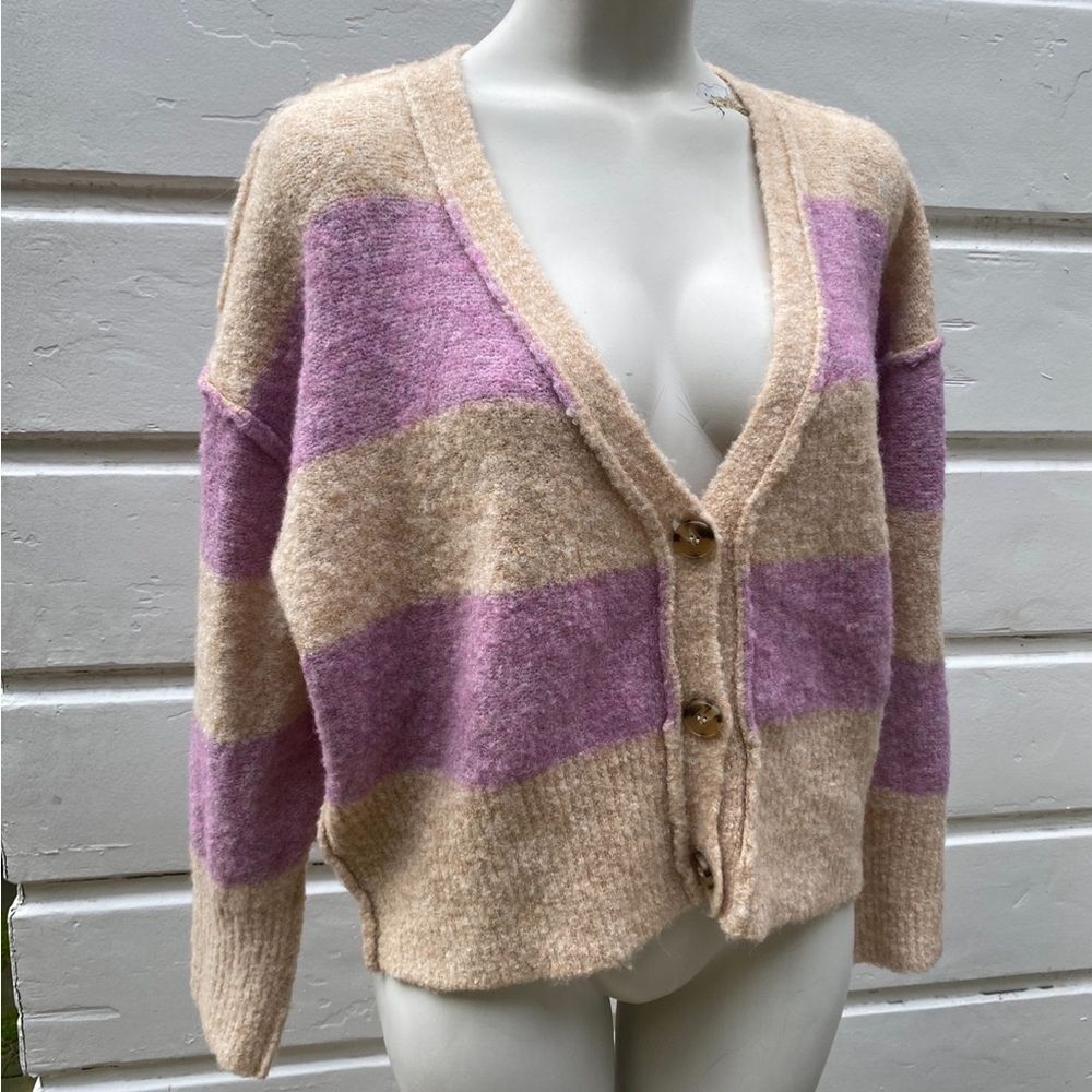Lush oversized Cozy Striped V-Neck Cardigan Sweater - Beige & Lilac S
